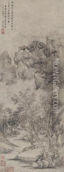 Landscape In Mist Oil Painting - Hui Wang