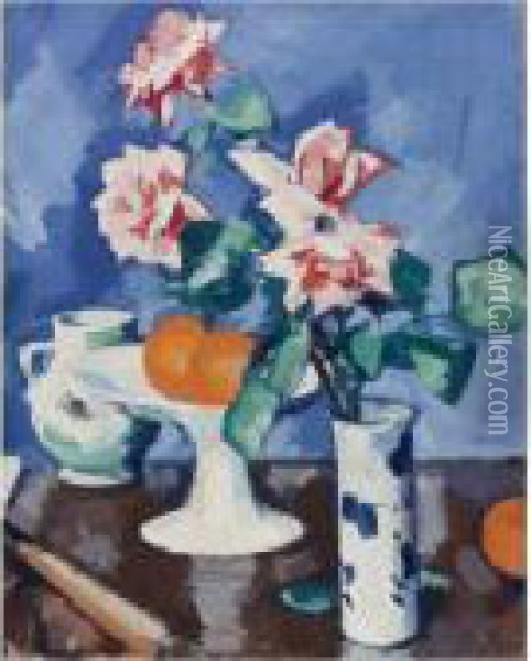 Still With Pink Roses In A Blue And White Vase With Oranges Andjug Oil Painting - Samuel John Peploe