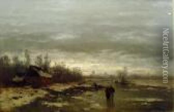 Winterliche Flusslandschaft Oil Painting - Johann Jungblutt