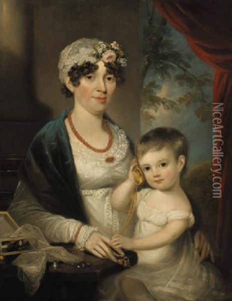 Portrait Of A Mother And Child From The Evans Family, Seated Beside An Open Sewing-box Upon A Table, A Wooded Landscape Beyond Oil Painting - Martin Cregan