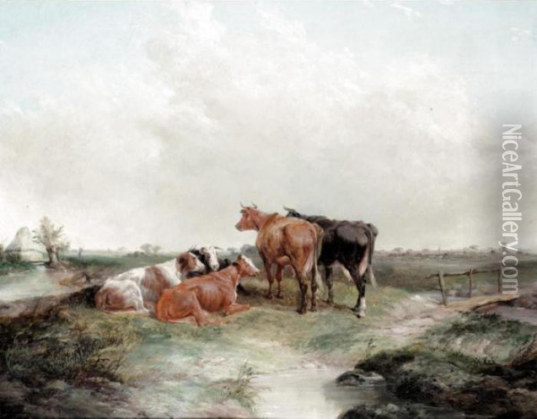 Cattle With Windmill In The Distance Oil Painting - Henry Brittan Willis
