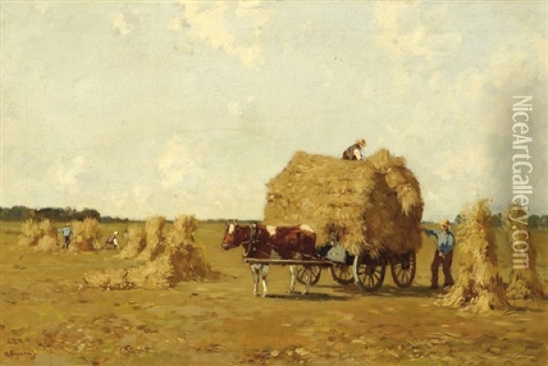 Haymaking Farmers With Horse And Cart Oil Painting - Herman Bogman I