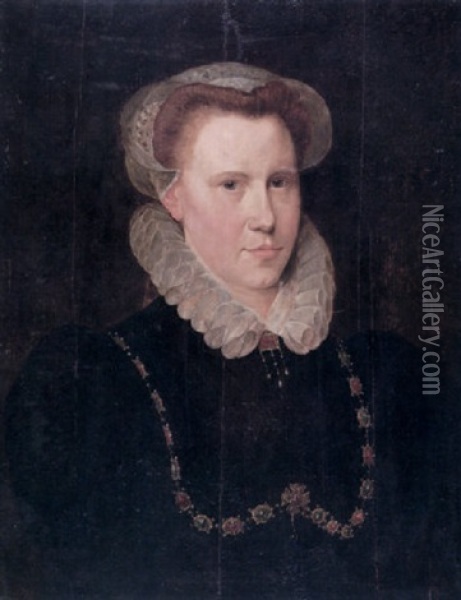 Portrait Of A Lady Wearing A Black Dress, A Ruff And A Gold Chain Encrusted With Precious Stones Oil Painting - Adriaen Thomasz Key