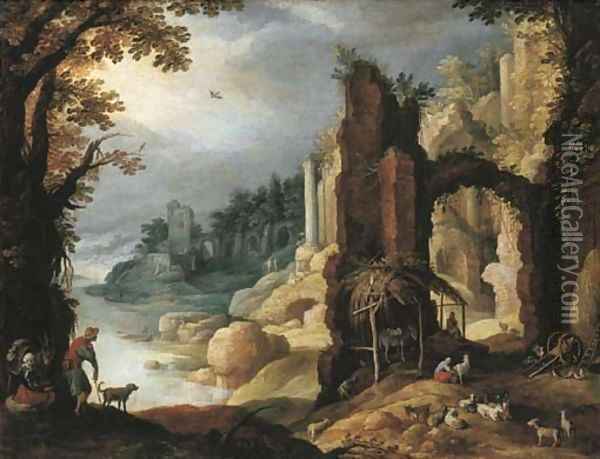 A classical river landscape with herdsmen and goats resting amongst ruins Oil Painting - Paul Bril