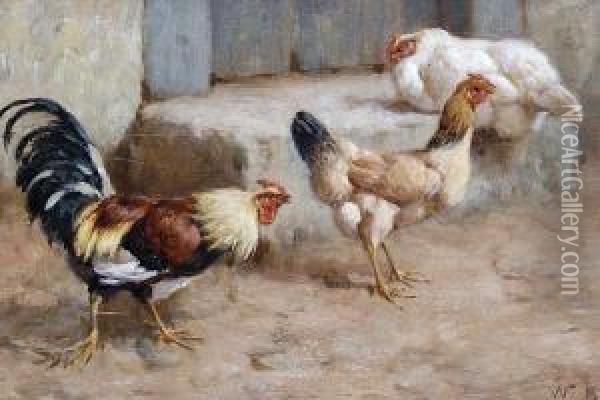 Chickens Around A Doorstep Oil Painting - William Baptiste Baird