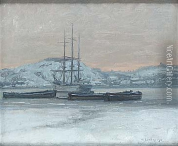 Vintervy Med Skepp Oil Painting - Herman Lindqvist