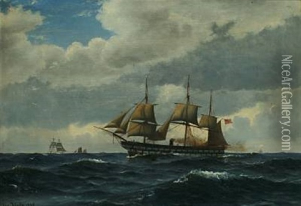 Marine With The Frigate Sjaelland And Sailing Boats Oil Painting - Christian Blache
