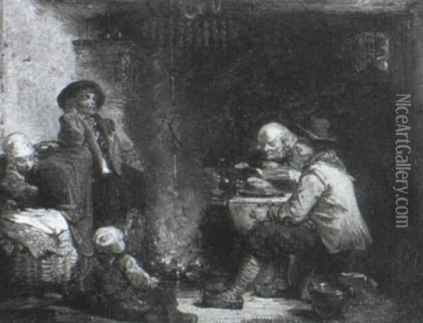 Figures Beside A Fire In An Interior Oil Painting - Herman Frederik Carel ten Kate