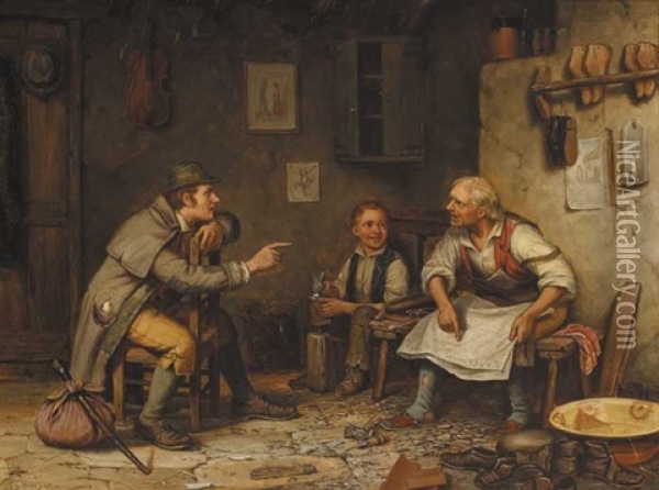 Cobbler Holding The Freeman's Journal With Traveller And Young Apprentice Oil Painting - Septimus Dawson