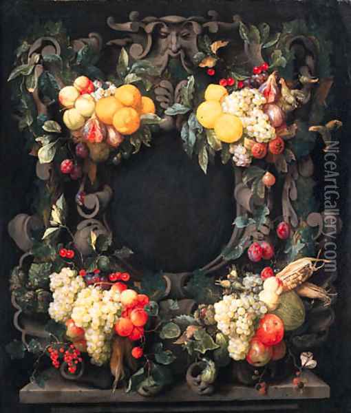 Clusters of oranges, lemons, pears, grapes, figs and other fruit, corncobs and nuts decorating a stone cartouche Oil Painting - Joris Van Son