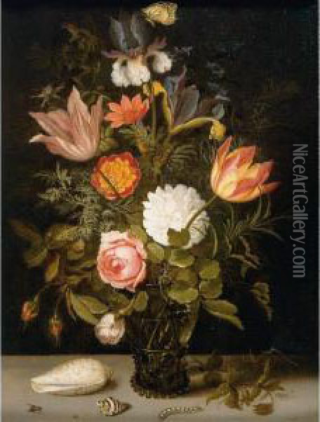 Still Life Of Roses, Tulips, 
Irises, An African Marigold And Other Flowers In A Roemer Resting On A 
Ledge, With Two Shells, A Butterfly And Other Insects Oil Painting - Balthasar Van Der Ast