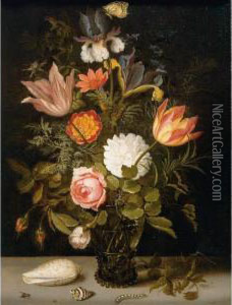 Still Life Of Roses, Tulips, 
Irises, An African Marigold And Other Flowers In A Roemer Resting On A 
Ledge, With Two Shells, A Butterfly And Other Insects Oil Painting - Balthasar Van Der Ast