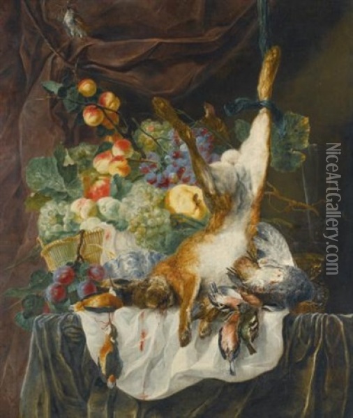 Still Life Of A Hare, Game And Songbirds Before A Still Life Of Fruit In A Basket, All Upon A Ledge Draped With A Green And White Cloth, With Glassware Oil Painting - Jan Fyt