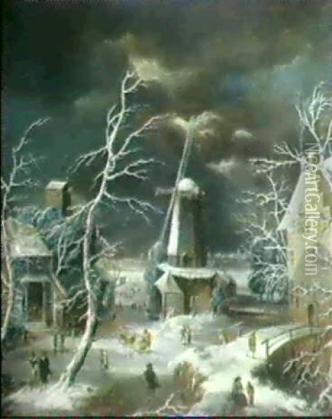 Belebtes Dorf Im Winter Oil Painting - Abraham Beerstraten