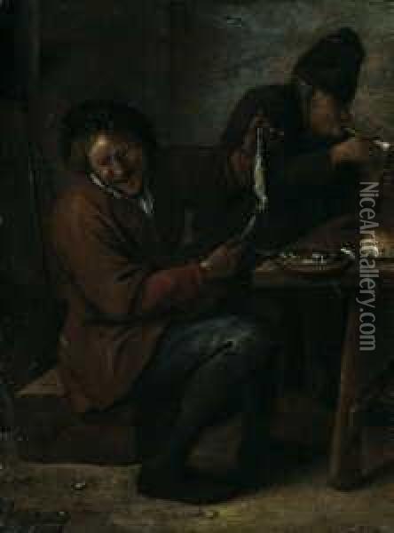 Ein Sitzender Bauer Mit Einem Hering. Oil Painting - Jan Steen