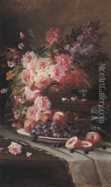 Still Life With Flowers, Peaches And Grapes Oil Painting - Max Carlier
