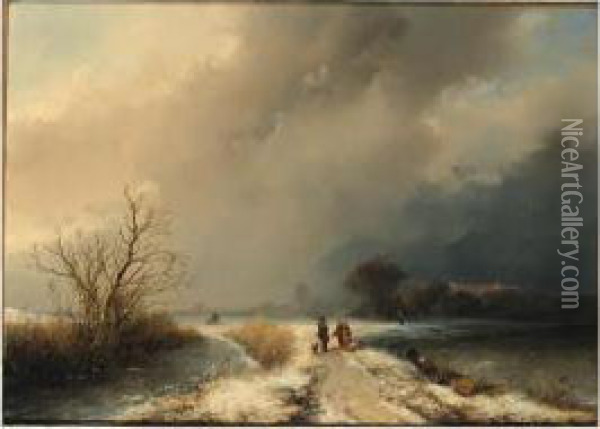 A Sportsman And Woodgatherers On A Snowy Track In A Winterlandscape Oil Painting - Johannes Franciscus Hoppenbrouwers