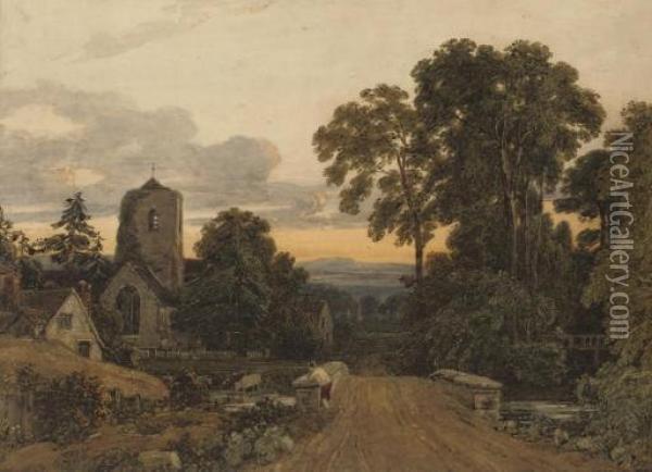 A Lone Figure On A Bridge Overlooking A Sleepy Village Oil Painting - Francis Oliver Finch