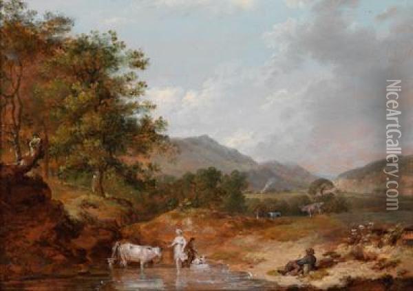 Kuhhirten Und Vieh An Einemfluss In Den Bergen Des Glen Molaur Oil Painting - Francis Wheatley