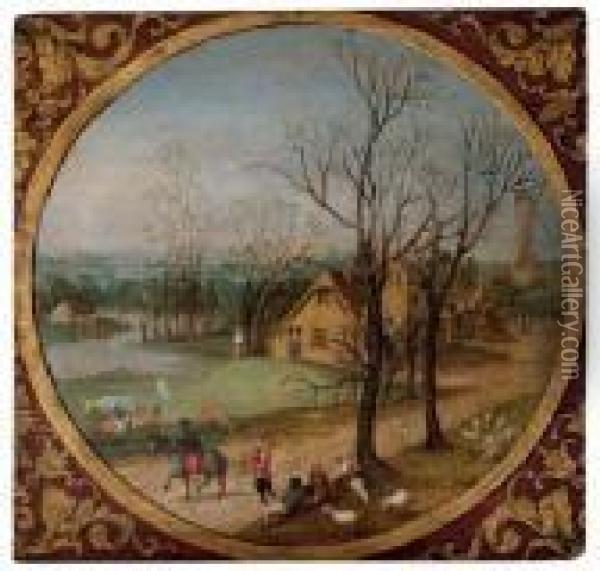 Autumn: A Village Scene With 
Peasants And Livestock By A Road, Cottages And A Windmill Beyond, In A 
Feigned Roundel, The Spandrels Decorated With An Acanthus Motif Oil Painting - Abel Grimmer