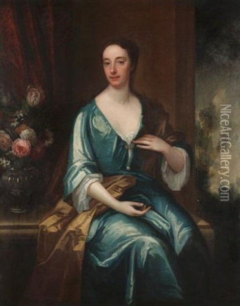 Portrait Of A Lady (baroness Cutts?) In A Blue Dress With A Vase Of Flowers On A Draped Table Beside Her Oil Painting - John Verelst