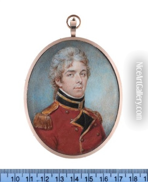 An Officer, Wearing Gold Trimmed Red Coat With Black Facings And Standing Collar, Gold Buttons And Epaulettes, White Chemise And Black Stock, His Hair Powdered Oil Painting - Philip Jean