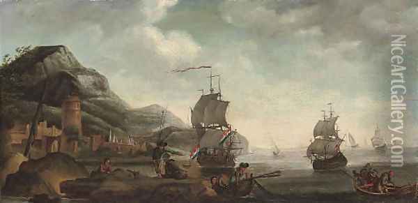 A coastal inlet with fishermen in the foreground, shipping beyond Oil Painting - Dutch School