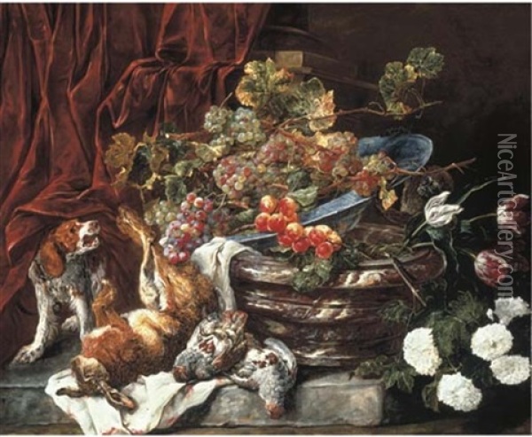 Grapes And Apricots In A Porcelain Bowl On A Marble Pot With Flowers Oil Painting - Jan Fyt