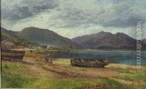 Figures And Rowing Boats By The Loch Oil Painting - John Milne Donald