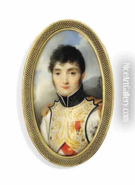 Jerome Bonaparte (1784-1860), King Of Westphalia, In Blue-piped White Uniform Of The Westphalian Infantry, With Gold-embroidered Facings, Black Collar Embroidered In Gold Oak Leaves Oil Painting - Louis Francois Aubry