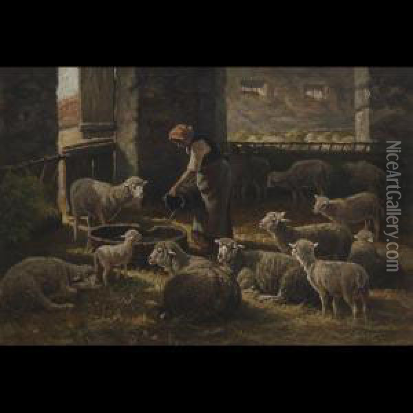 Sheep In Stable Oil Painting - Charles Ferdinand Ceramano