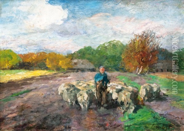 Shepherd With Flock Oil Painting - Thomas Herbst