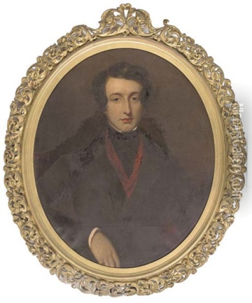 Portrait Of Edward Conroy In A Black Coat And Red Scarf Oil Painting - Frederick Yeates Hurlstone