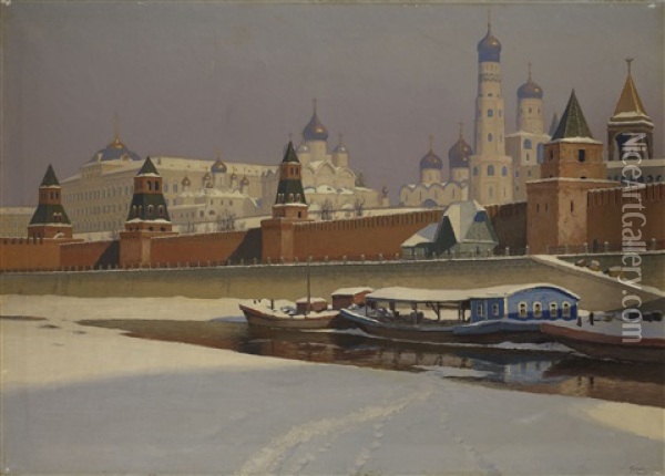 The Moscow Kremlin In Winter Oil Painting - Mikhail Guermacheff