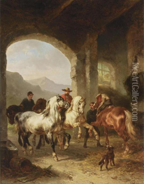 Horses Entering A Stable Oil Painting - Wouterus Verschuur