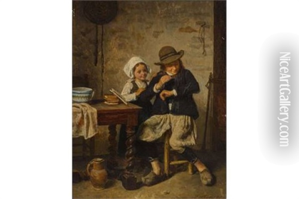 Zwei Kinder Mit Salamander Oil Painting - Charles Fortin