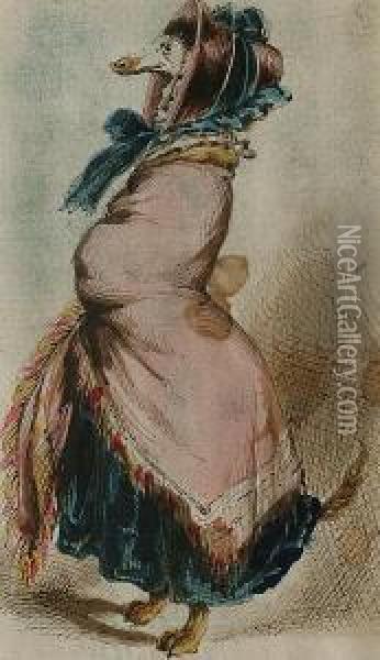 A Greyhound In Bonnet And Shawl Oil Painting - J. J. Grandville