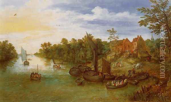 River Landscape with Landing Oil Painting - Jan The Elder Brueghel
