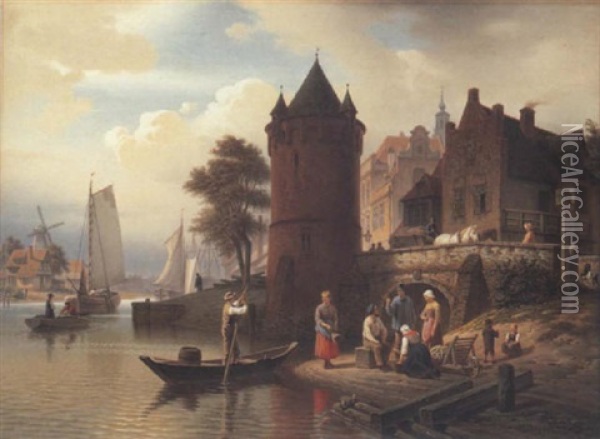 A View Of A Harbour Town With Figures Conversing On A River Bank Oil Painting - Hermann Meyerheim