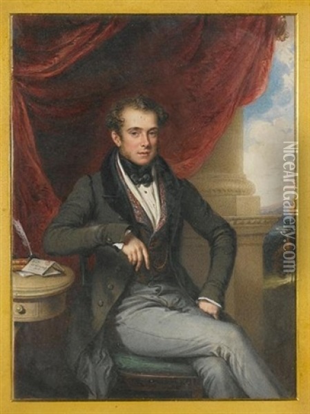 George Ralph Abercromby, 3rd Baron Abercromby Of Aboukir And Tullibody, Seated On A Green Upholstered Chair, Wearing Slate-grey Trousers And A Moss-green Coat With Velvet Lapels Oil Painting - William Derby