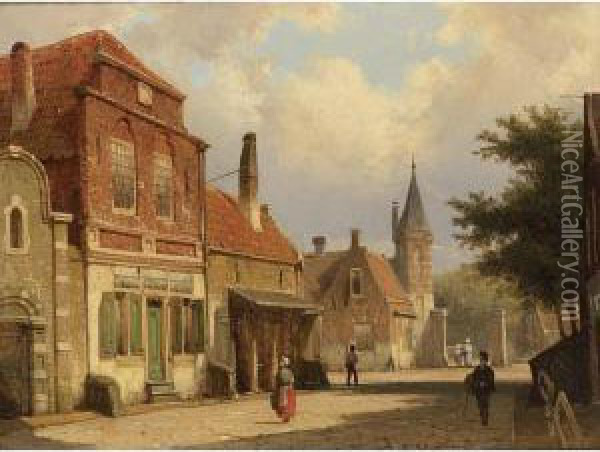 Villagers In The Streets Of A Sunlit Dutch Town Oil Painting - Willem Koekkoek