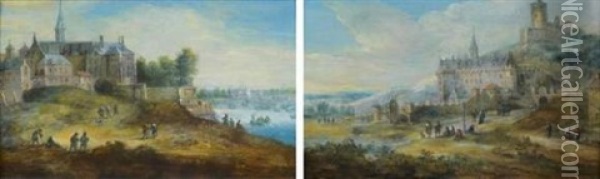 Paysage Avec Le Chateau De La Roche Guyon (+ Paysage A L'abbaye; Pair) Oil Painting - Andreas Martin