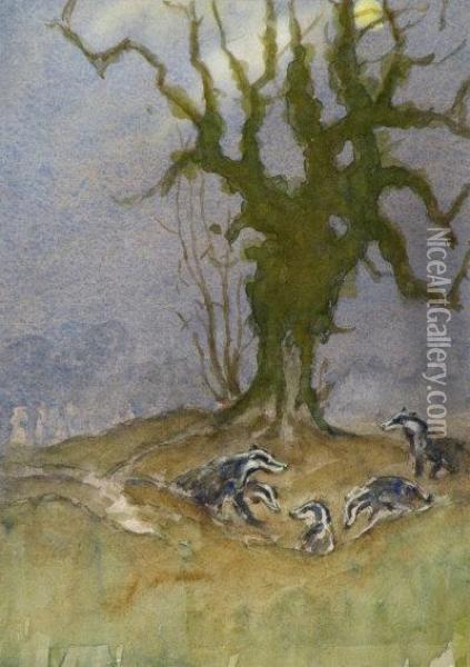 Badgers By Moonlight Oil Painting - John King