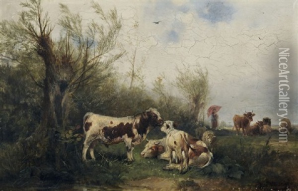 Rastende Kuhe Oil Painting - Ludwig Sellmayr