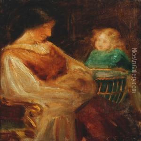 Interior Withgirl In Green Dress Watching Mother With Baby Oil Painting - Agnes Slott-Mrller