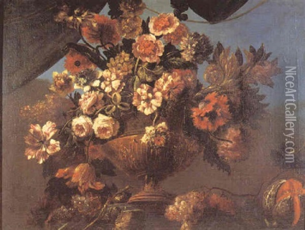 Grand Bouquet De Fleurs Variees Dans Un Vase Sur Un Entablement Oil Painting - Pierre Nicolas Huilliot