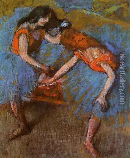 Two Dancers with Yellow Carsages Oil Painting - Edgar Degas