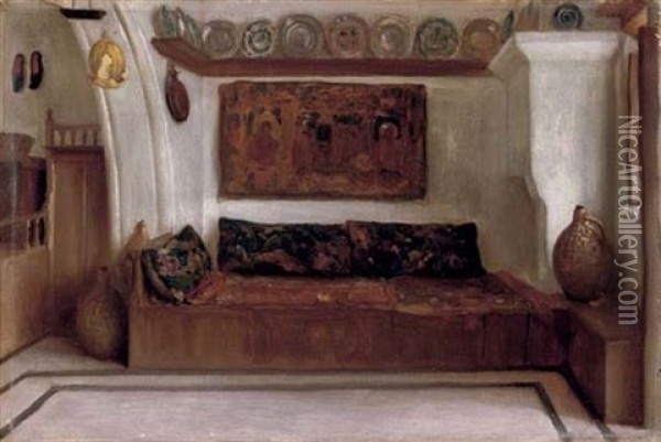 Interior Of A House At Lindos (+ A Study For Cleobolos Instructing His Daughter Cleoboline; 2 Works) Oil Painting - Lord Frederic Leighton