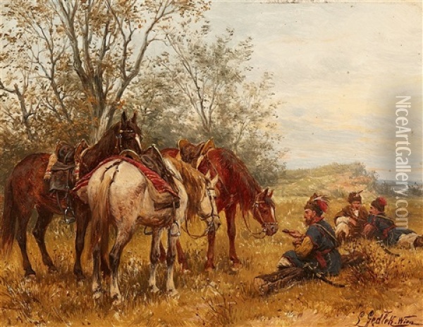 Hussars Resting Oil Painting - Ludwig Gedlek