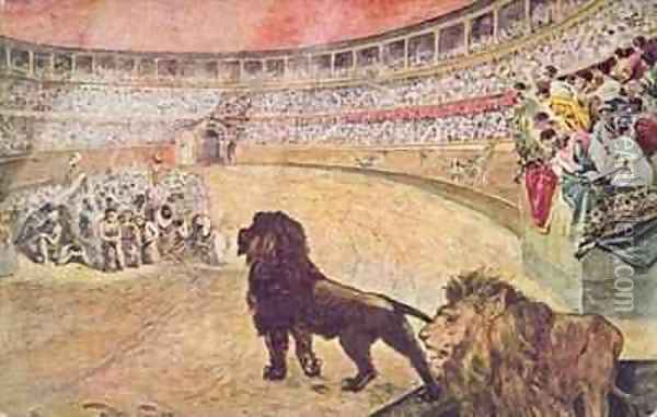 Postcard depicting christian martyrs in the arena in Rome Oil Painting - A. del Senno